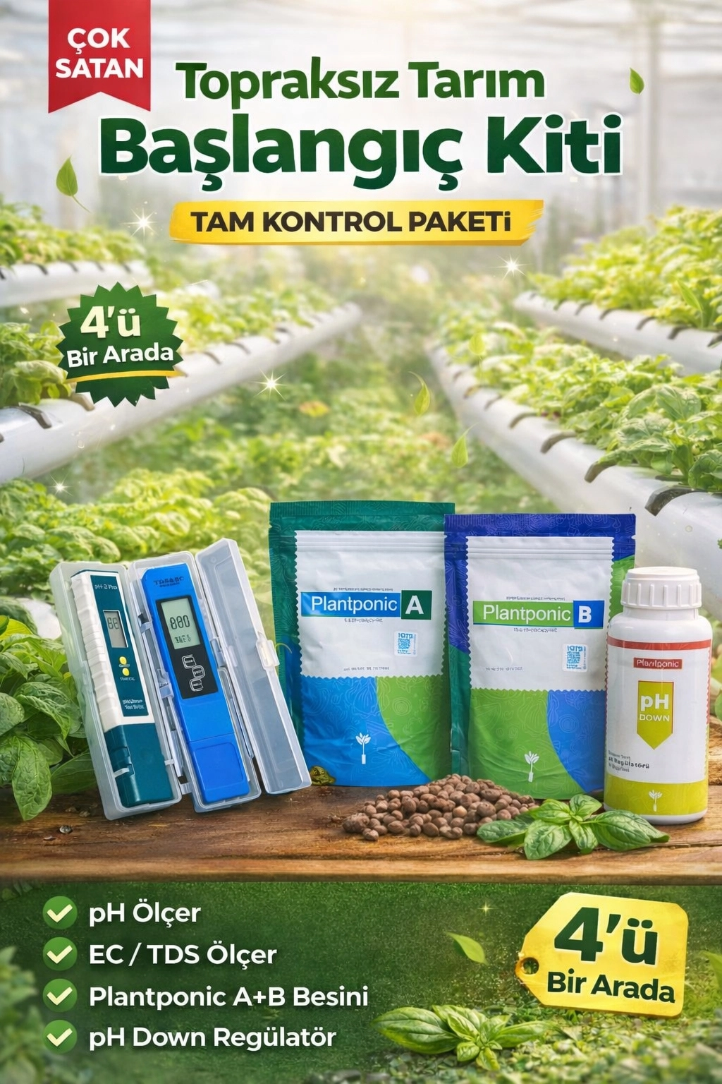 Hidroponik Tarım Başlangıç Seti – pH Metre EC TDS Ölçer -  Plantponic A+B Besin